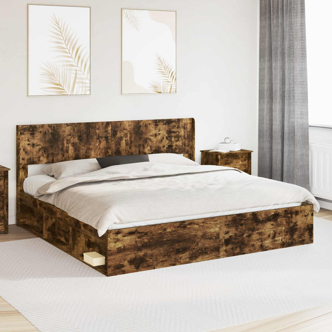 vidaXL Estructura de cama con almacenamiento y cabecero Roble Ahumado