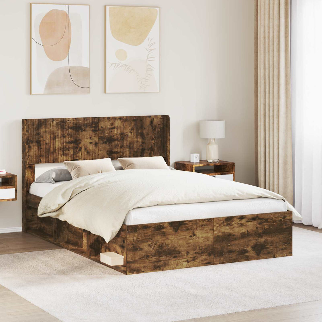 vidaXL Estructura de cama con almacenamiento y cabecero Roble Ahumado