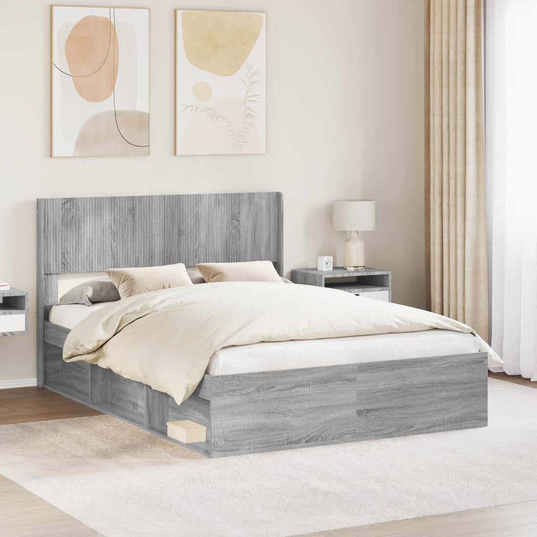 vidaXL Estructura de cama con almacenamiento y cabecero Sonoma gris