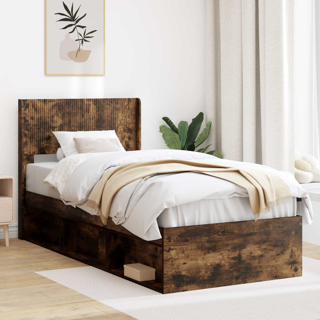 vidaXL Estructura de cama con almacenamiento y cabecero Roble Ahumado