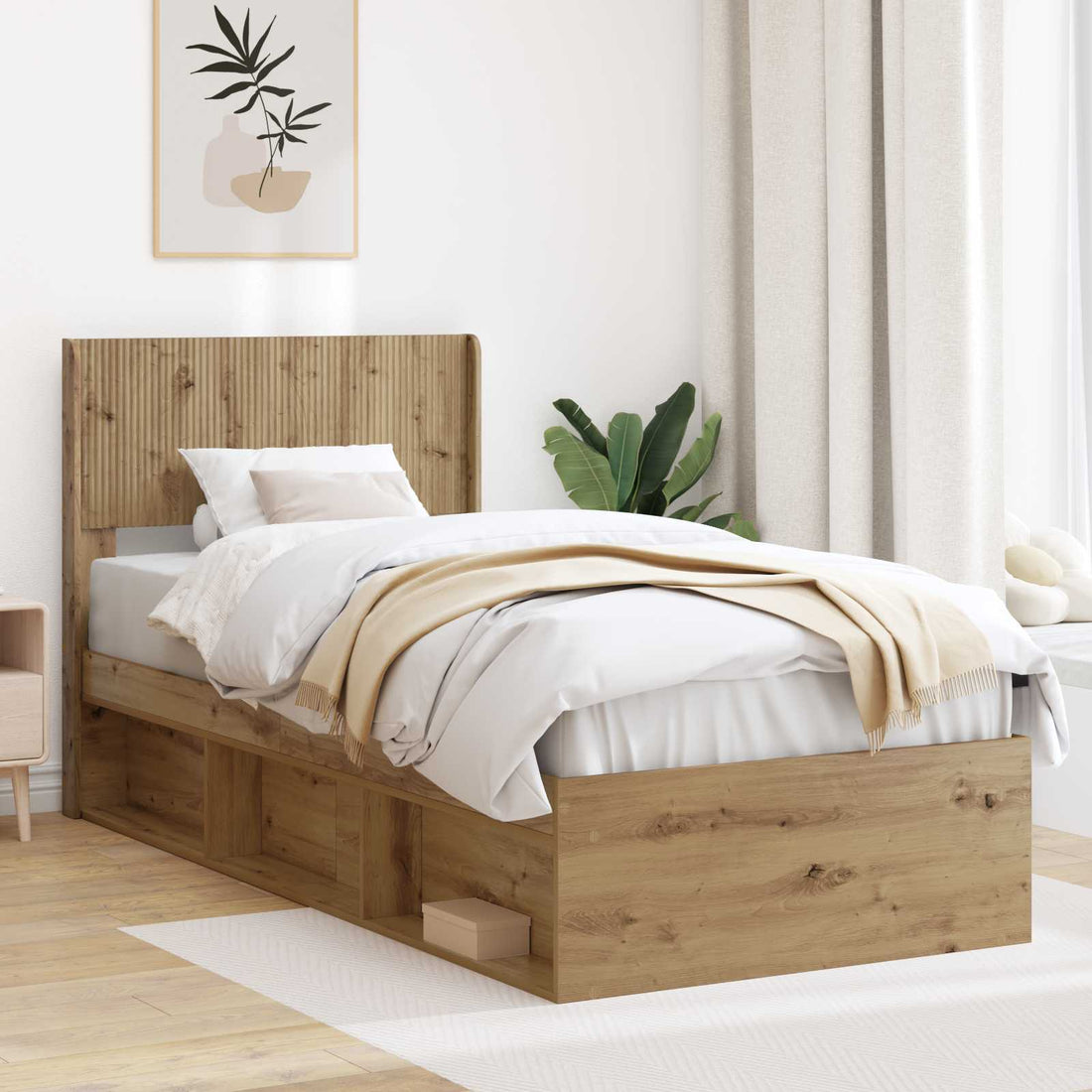 vidaXL Estructura de cama con almacenamiento y cabecero Roble artisan