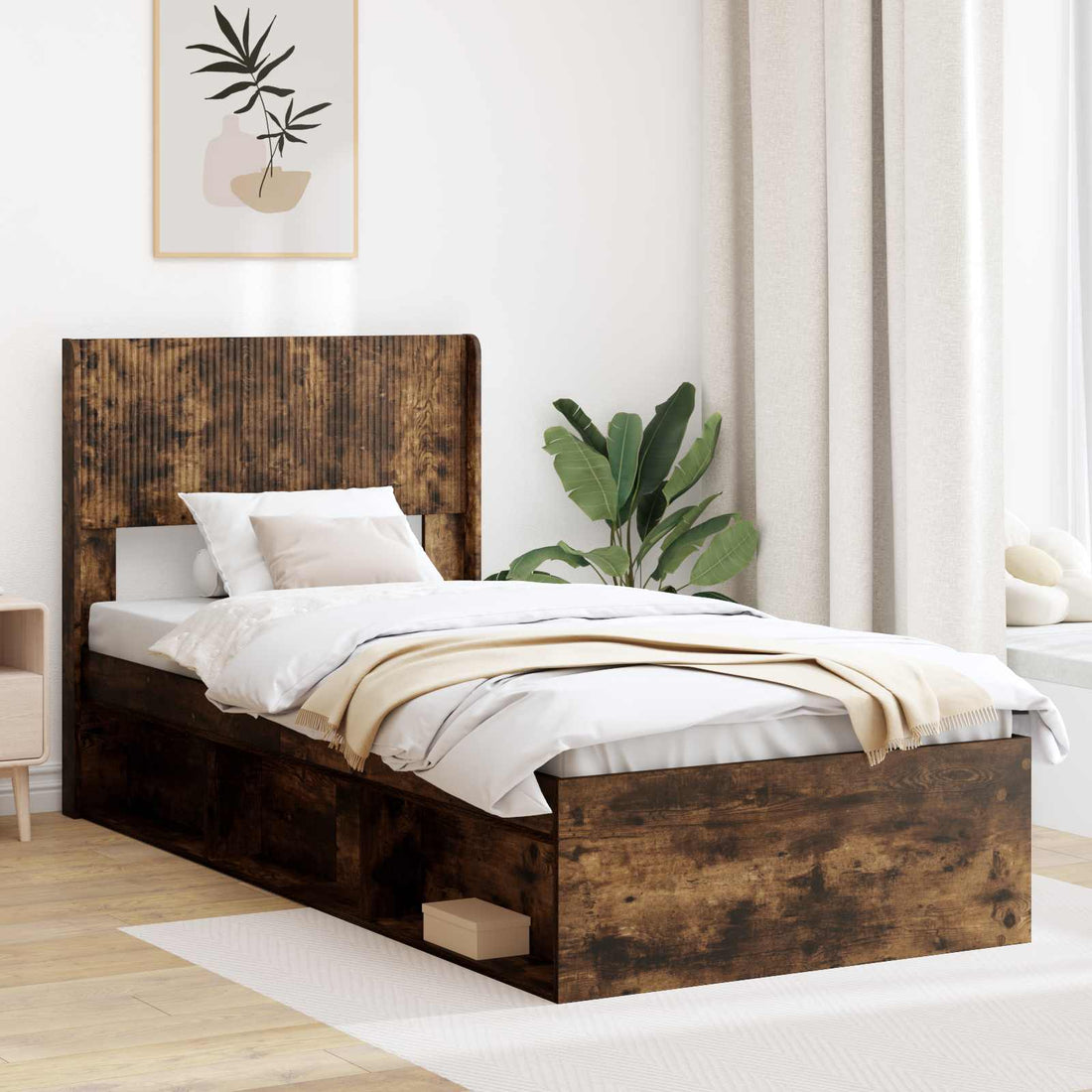 vidaXL Estructura de cama con almacenamiento y cabecero Roble Ahumado