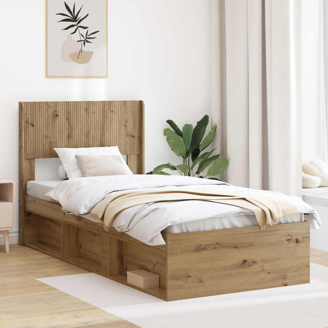 vidaXL Estructura de cama con almacenamiento y cabecero Roble artisan