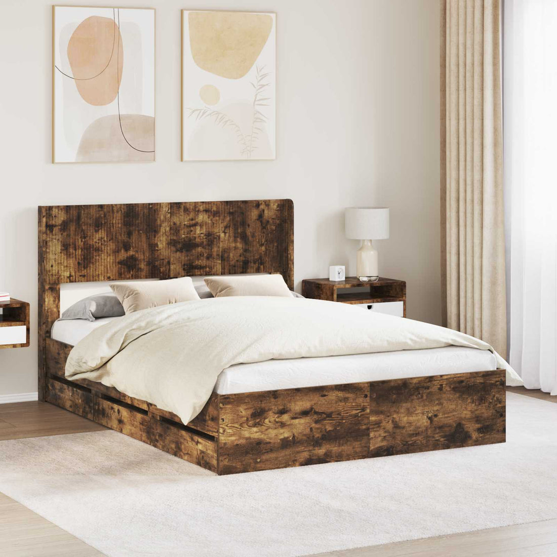 vidaXL Estructura de cama con almacenamiento y cabecero Roble Ahumado