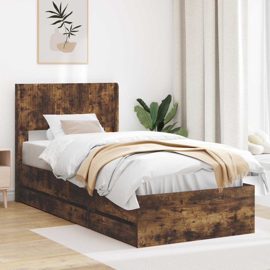 vidaXL Estructura de cama con almacenamiento y cabecero Roble Ahumado