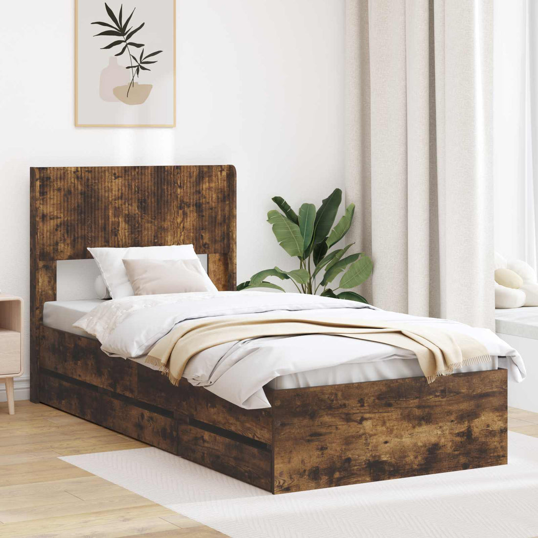 vidaXL Estructura de cama con almacenamiento y cabecero Roble Ahumado
