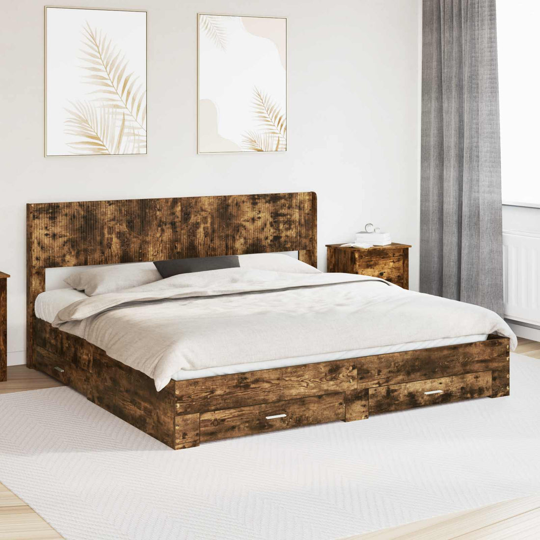 vidaXL Estructura de cama con almacenamiento y cabecero Roble Ahumado