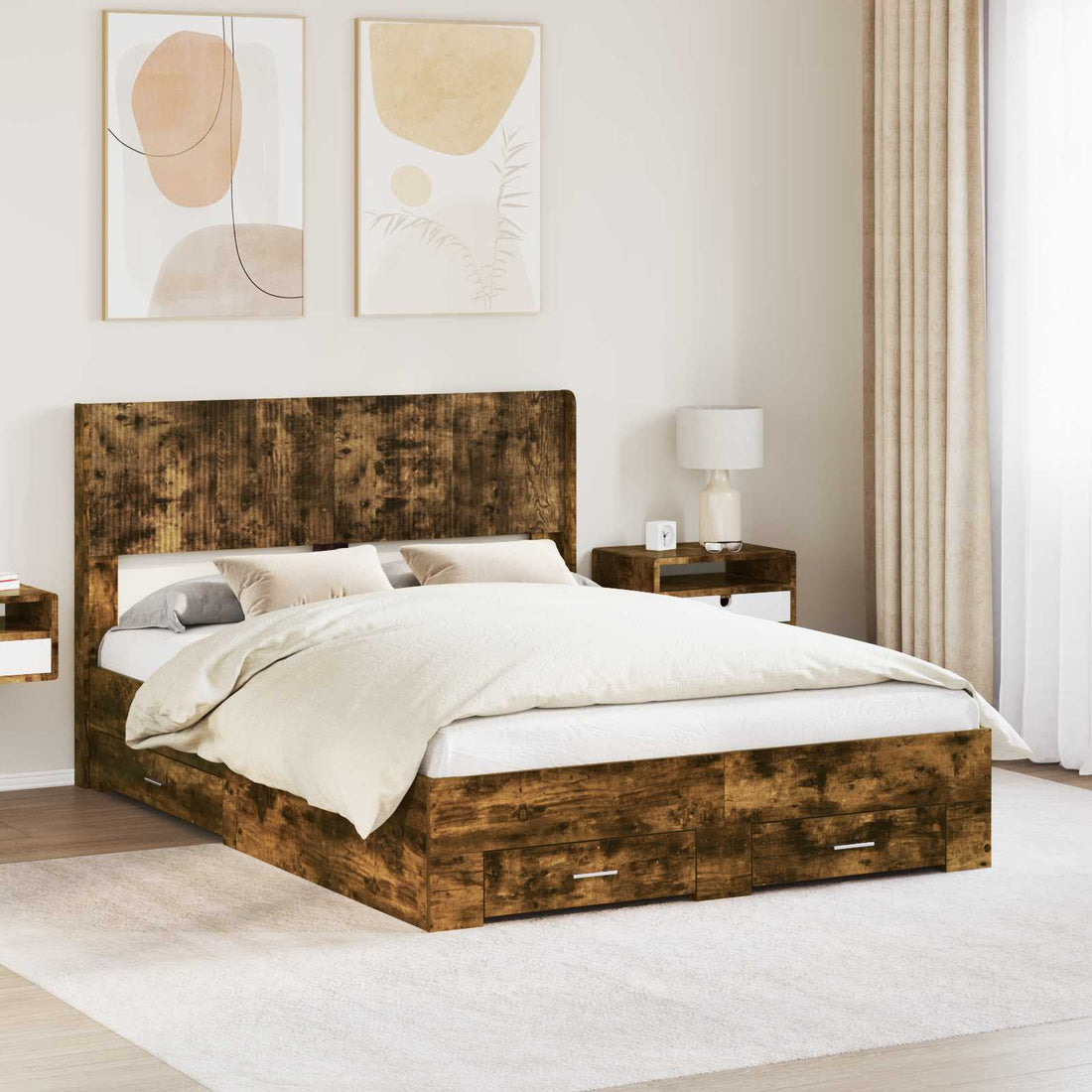 vidaXL Estructura de cama con almacenamiento y cabecero Roble Ahumado
