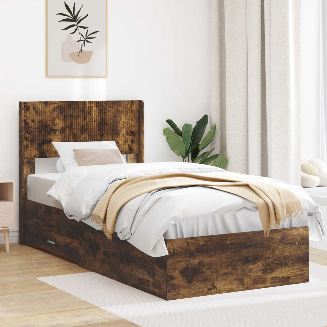 vidaXL Estructura de cama con almacenamiento y cabecero Roble Ahumado