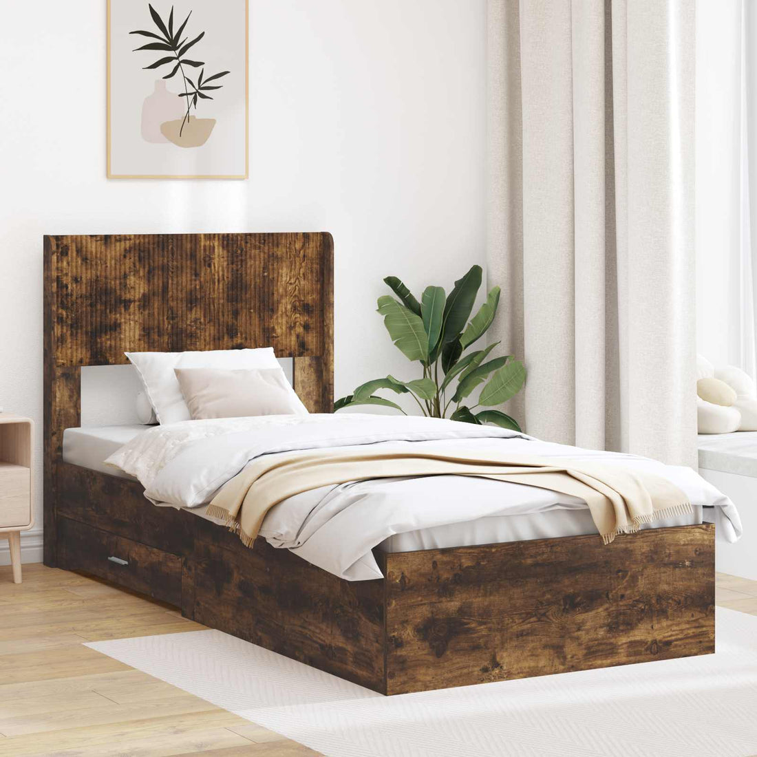 vidaXL Estructura de cama con almacenamiento y cabecero Roble Ahumado