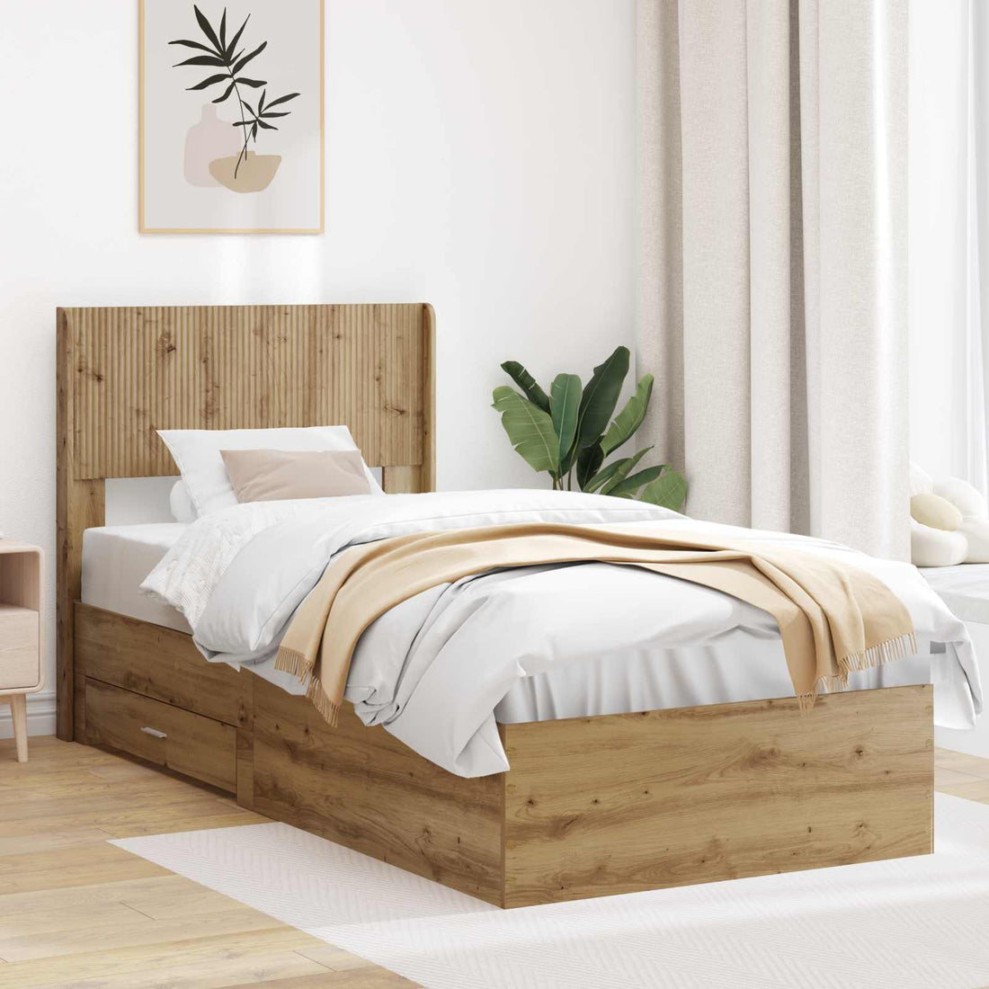 vidaXL Estructura de cama con almacenamiento y cabecero Roble artisan