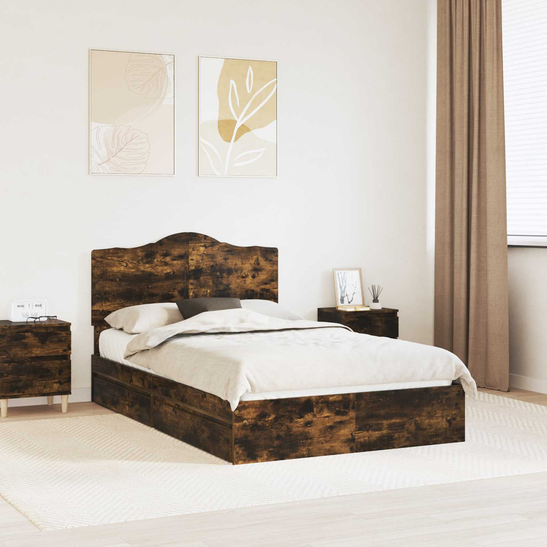 vidaXL Cama con almacenamiento con cajón Roble ahumado 135 x 190 cm