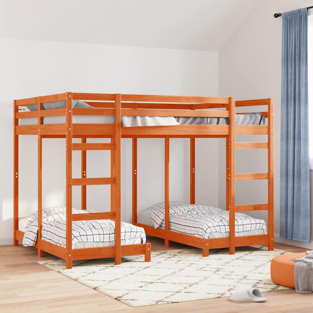 vidaXL Estructura de litera triple Marrón cera 140 x 200 cm