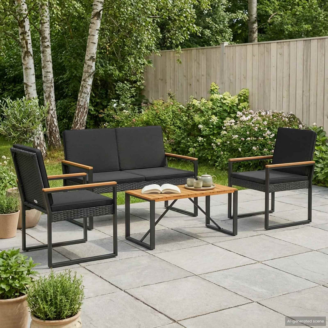 vidaXL Juego de muebles de exterior 4 uds. Negro ratán sintético