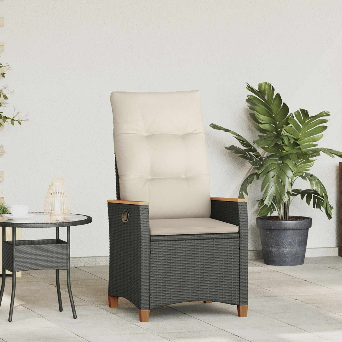 vidaXL Silla de jardín reclinable Negro y crema 64 x 57,5 x 112 cm