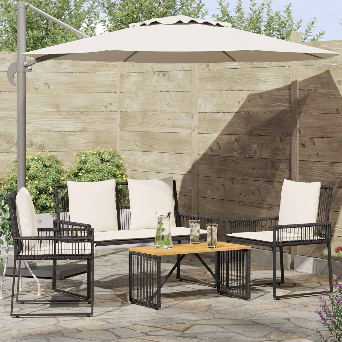 vidaXL Juego de muebles de exterior con cojín 4 pcs Negro y Crema