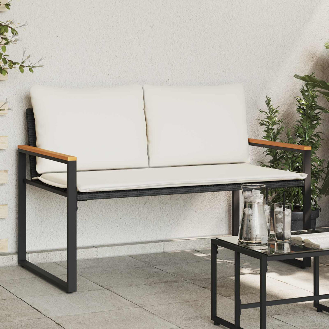 vidaXL Banco con cojín Negro y Crema 115 x 65 x 72 cm Ratán