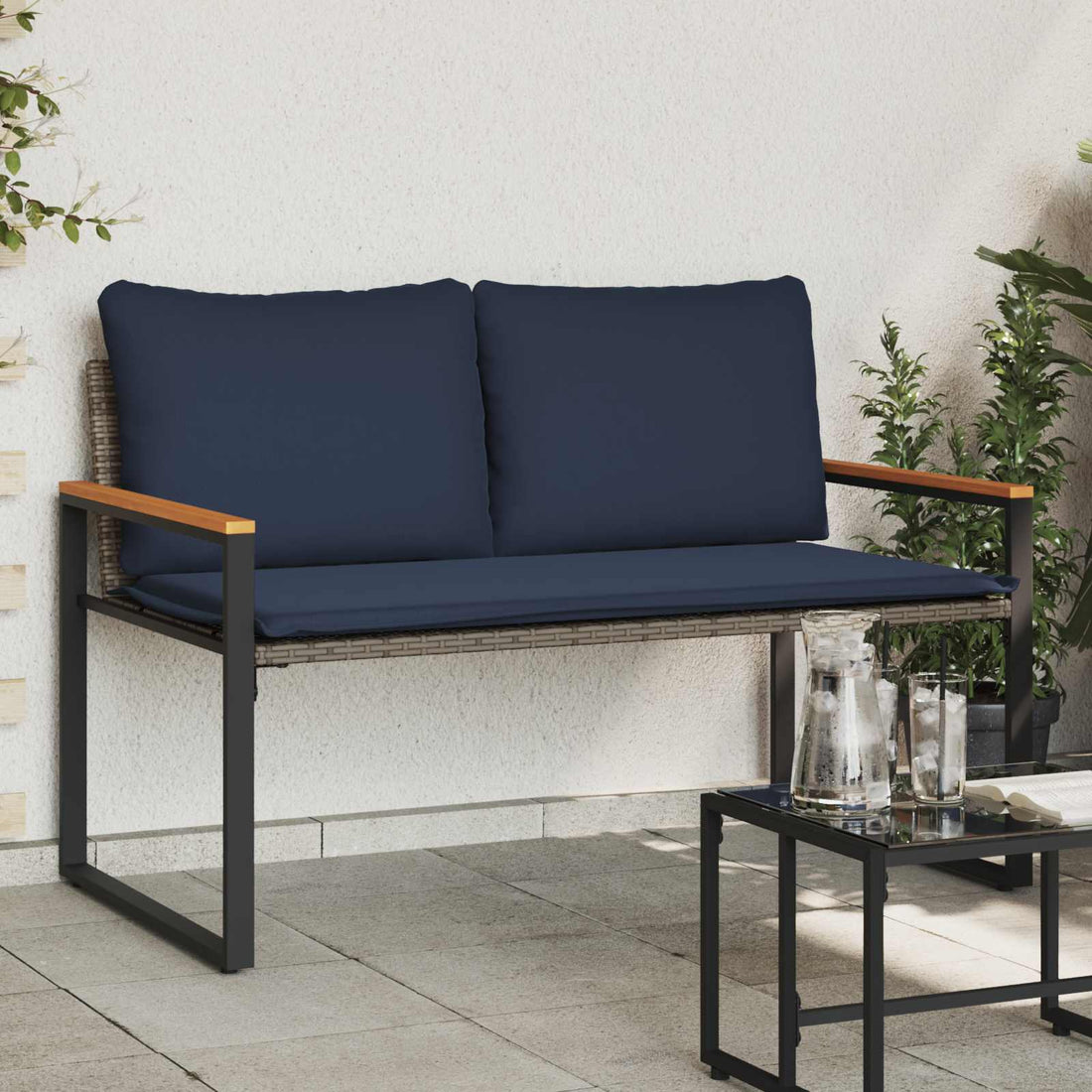 vidaXL Banco con cojín Gris y azul marino 115 x 65 x 72 cm Ratán