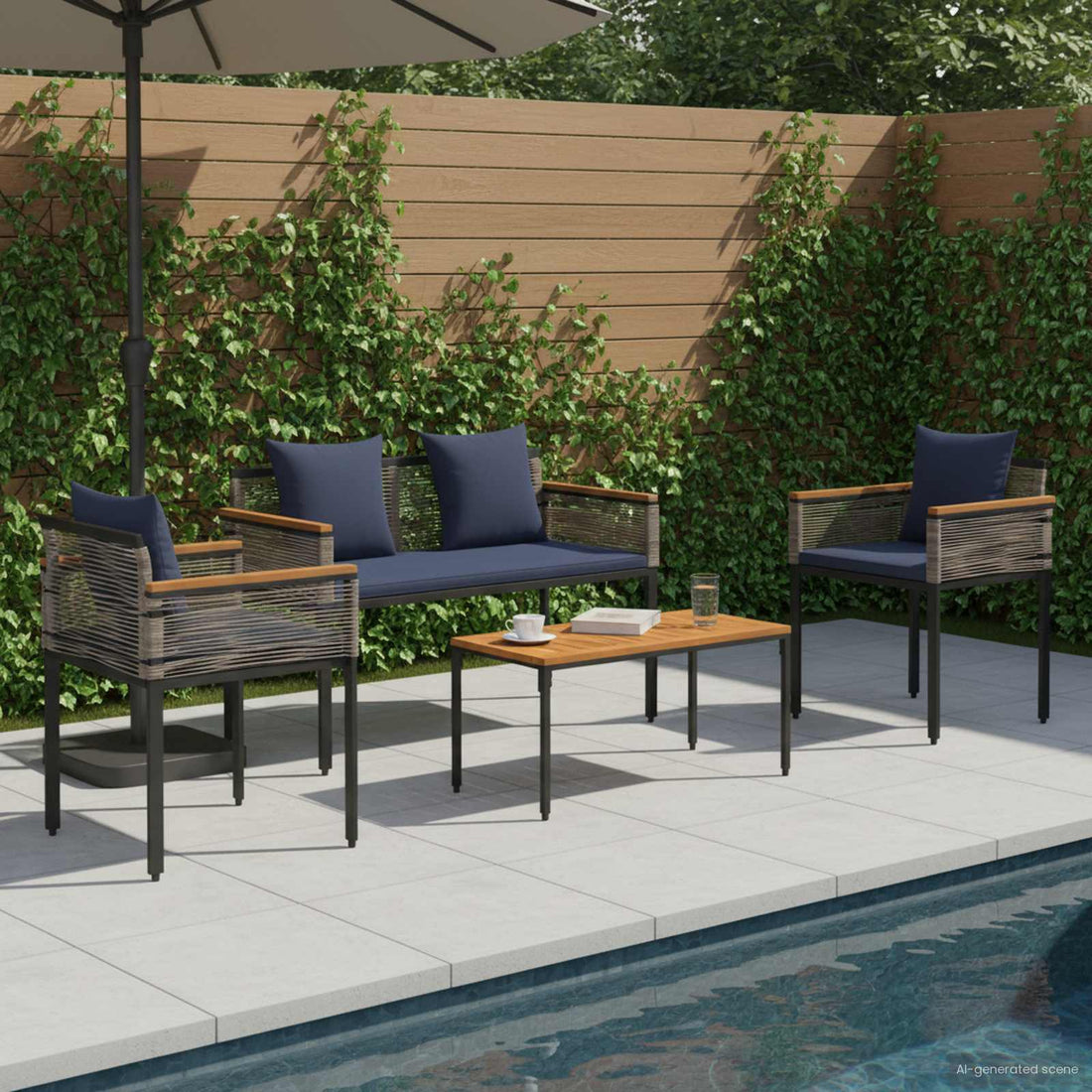 vidaXL Juego de muebles de exterior Gris y azul marino ratán sintético