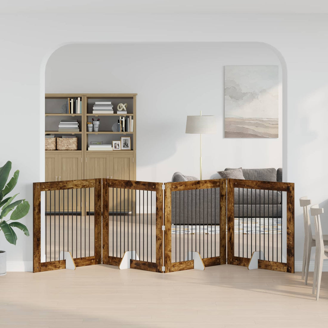 vidaXL Puerta para perros plegable con soportes 4 uds. Roble Ahumado