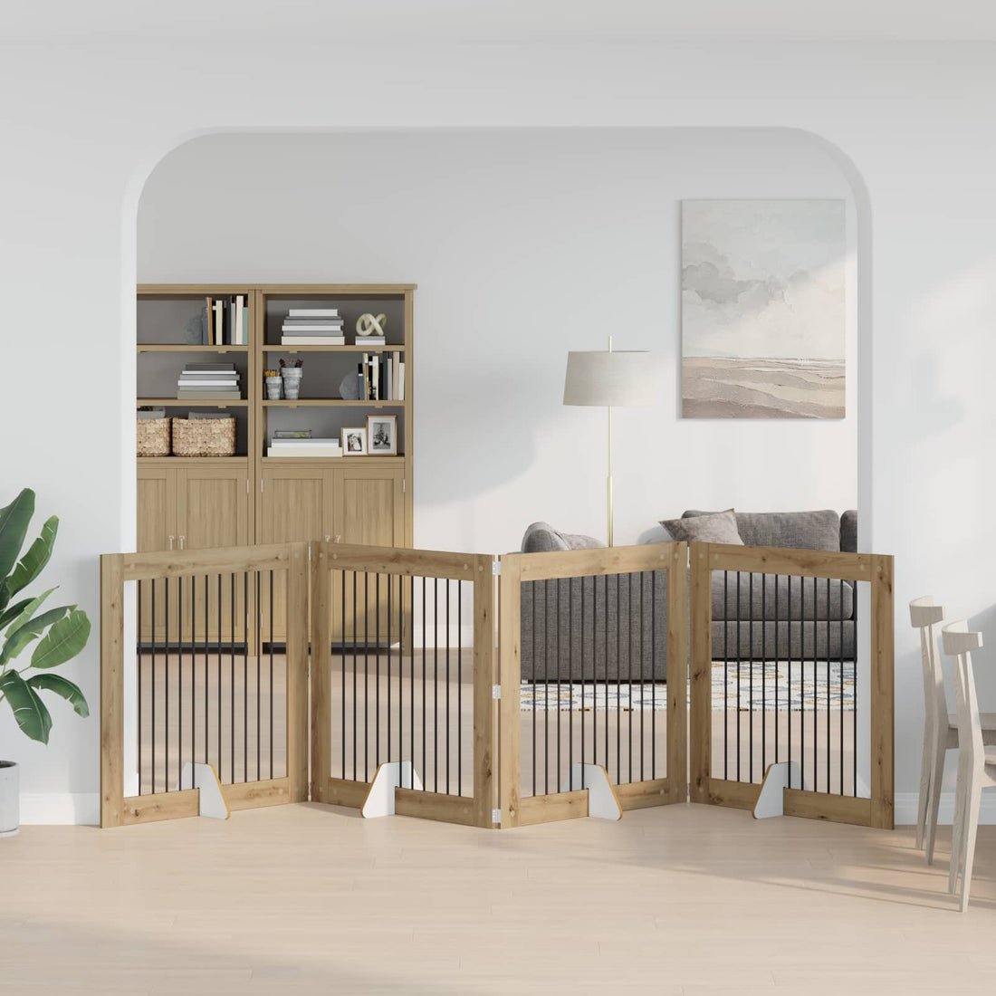 vidaXL Puerta para perros plegable con soportes 4 uds. Roble artisan