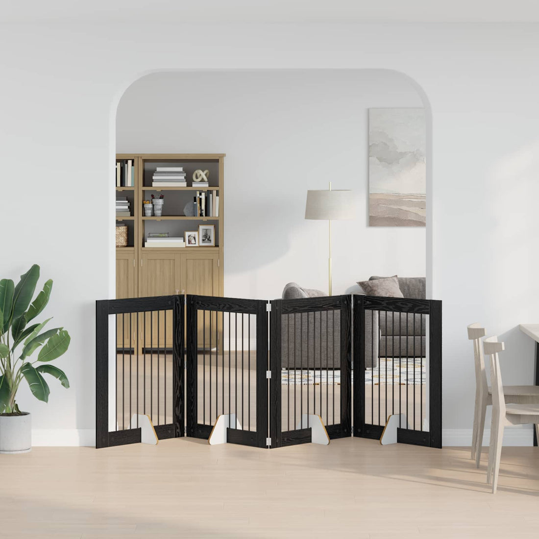 vidaXL Puerta para perros plegable con soportes 4 uds. Roble Negro