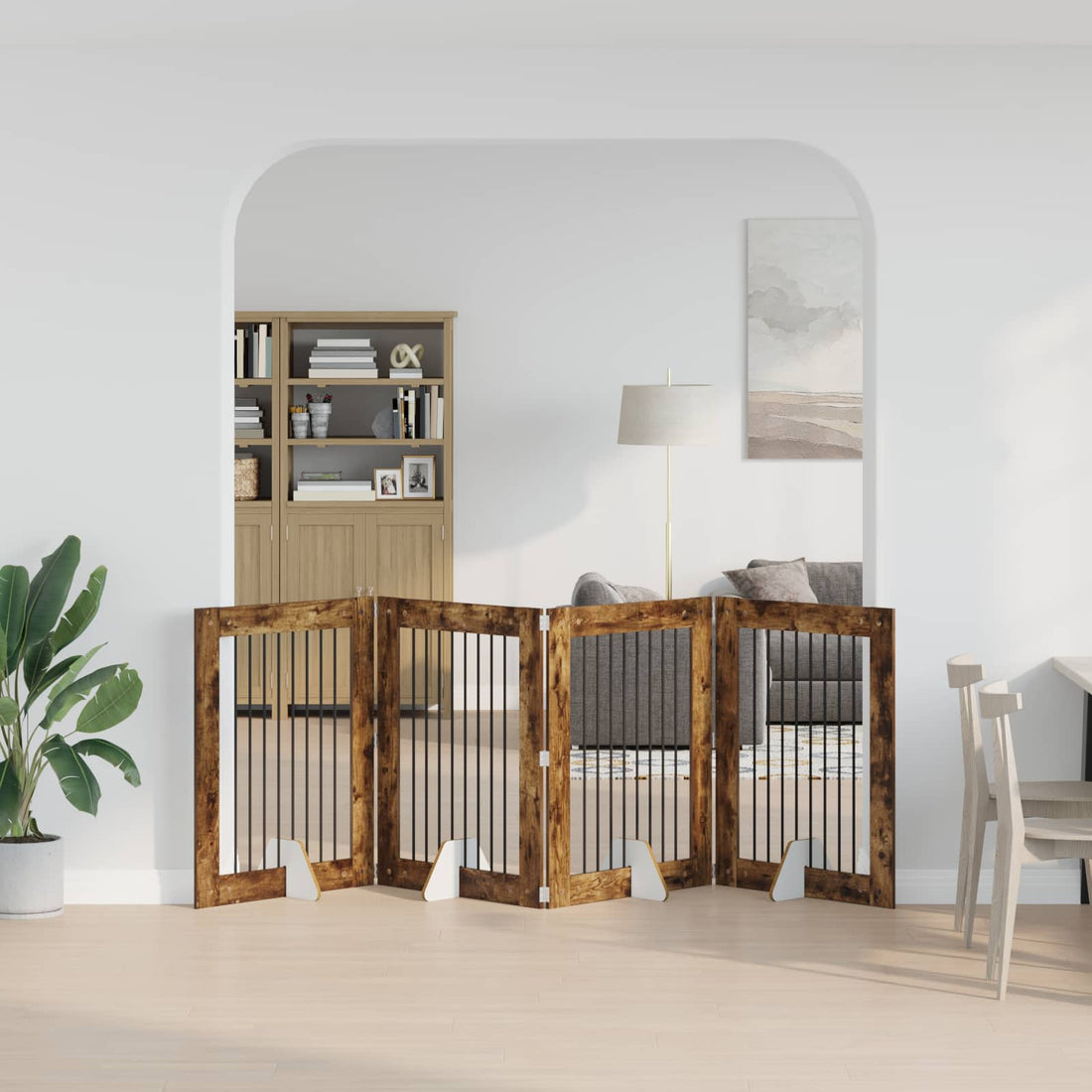 vidaXL Puerta para perros plegable con soportes 4 uds. Roble Ahumado