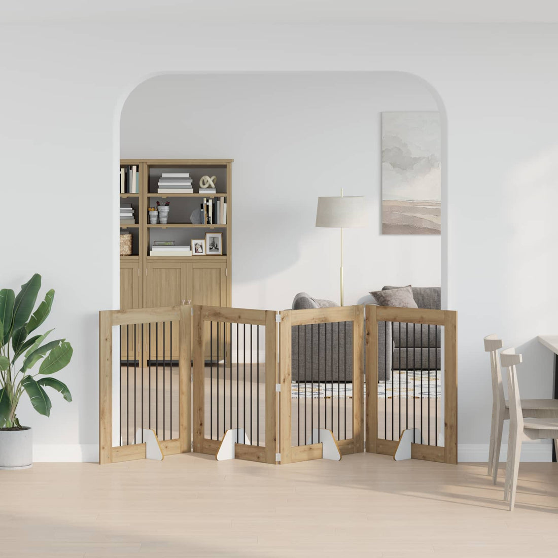 vidaXL Puerta para perros plegable con soportes 4 uds. Roble artisan