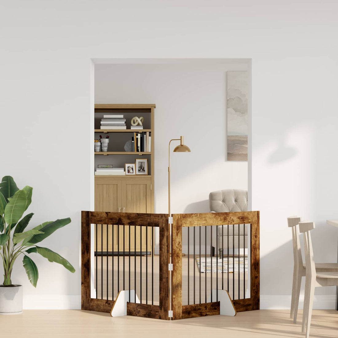 vidaXL Puerta para perros plegable con soportes 2 uds. Roble Ahumado