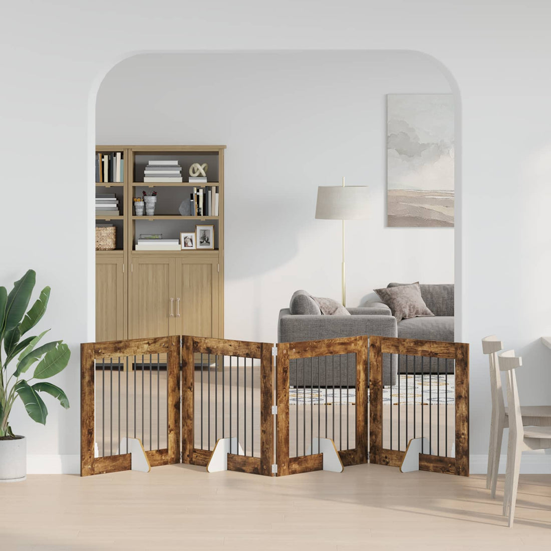 vidaXL Puerta para perros plegable con soportes 4 uds. Roble Ahumado