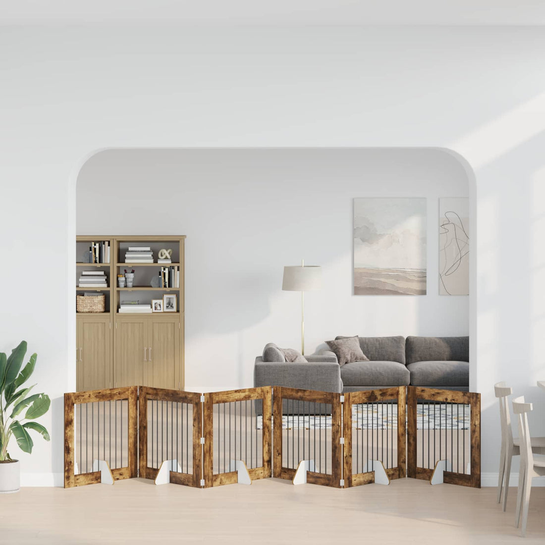 vidaXL Puerta para perros plegable con soportes 6 uds. Roble Ahumado