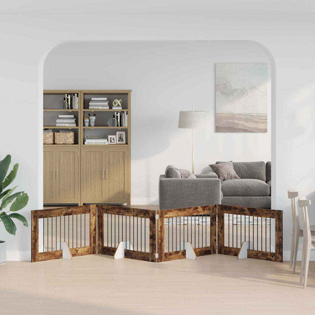 vidaXL Puerta para perros plegable con soportes 4 uds. Roble Ahumado