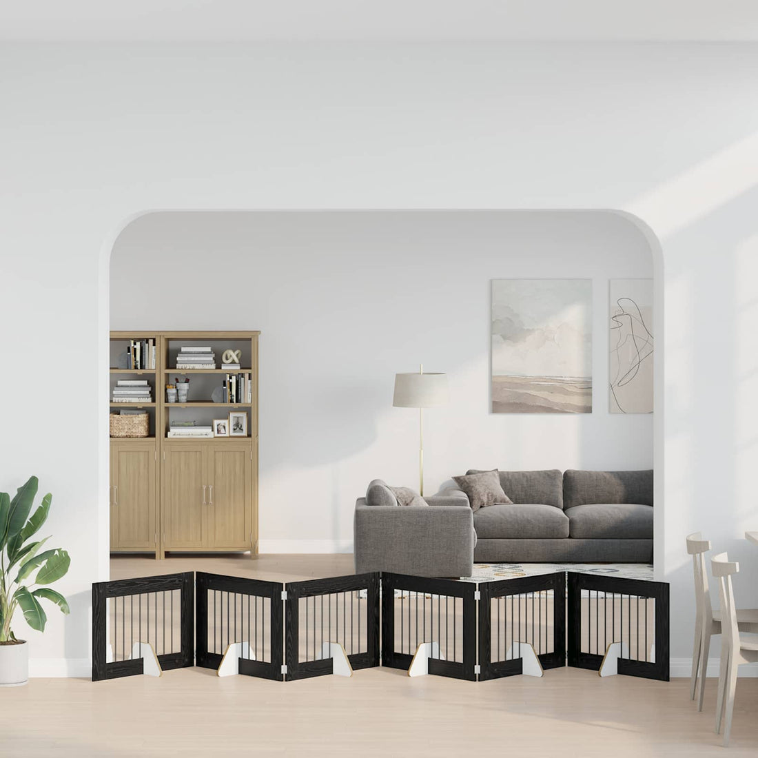 vidaXL Puerta para perros plegable con soportes 6 uds. Roble Negro