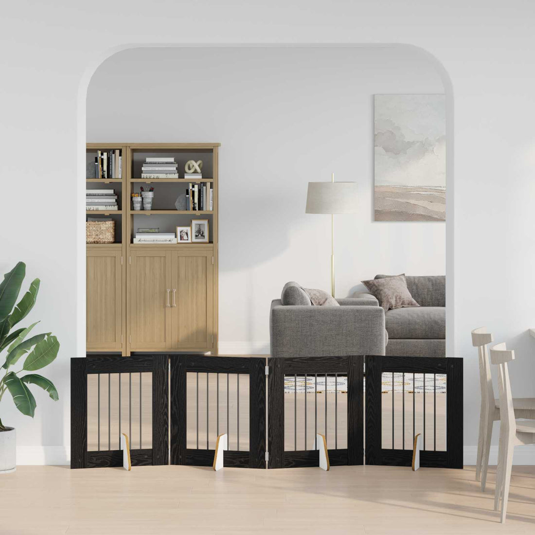 vidaXL Puerta para perros plegable con soportes 4 uds. Roble Negro