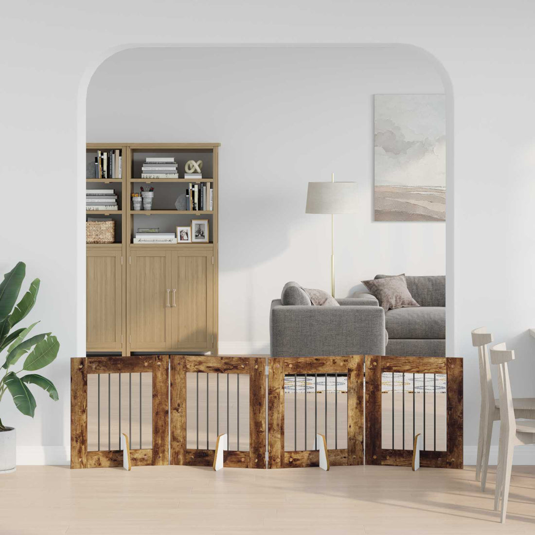 vidaXL Puerta para perros plegable con soportes 4 uds. Roble Ahumado