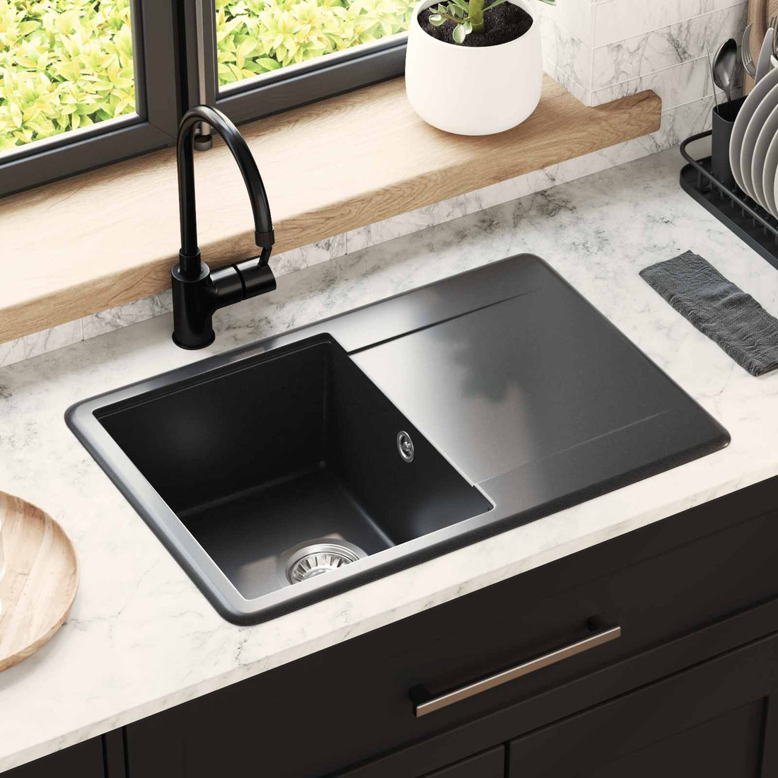 vidaXL Lavabo 80% Cuarzo y 20% Resina 670 x 460 mm Negro