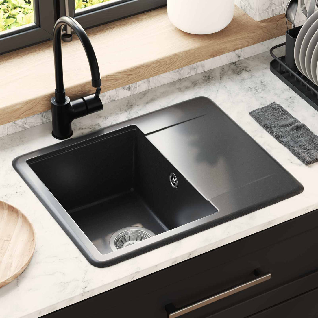 vidaXL Lavabo 80% Cuarzo y 20% Resina 560 x 460 mm Negro