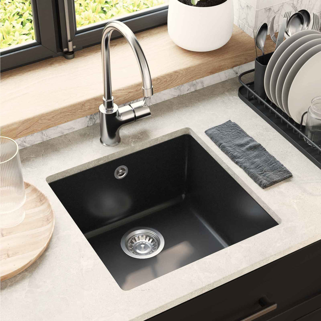 vidaXL Lavabo 80% Cuarzo y 20% Resina 430 x 460 mm Negro