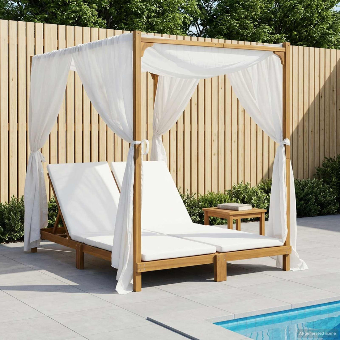 vidaXL Tumbona doble con toldo y cortinas Madera de Acacia Sólida