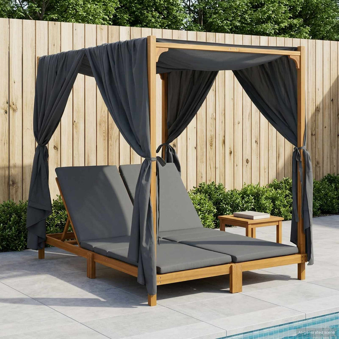vidaXL Tumbona doble con toldo y cortinas Madera de Acacia Sólida