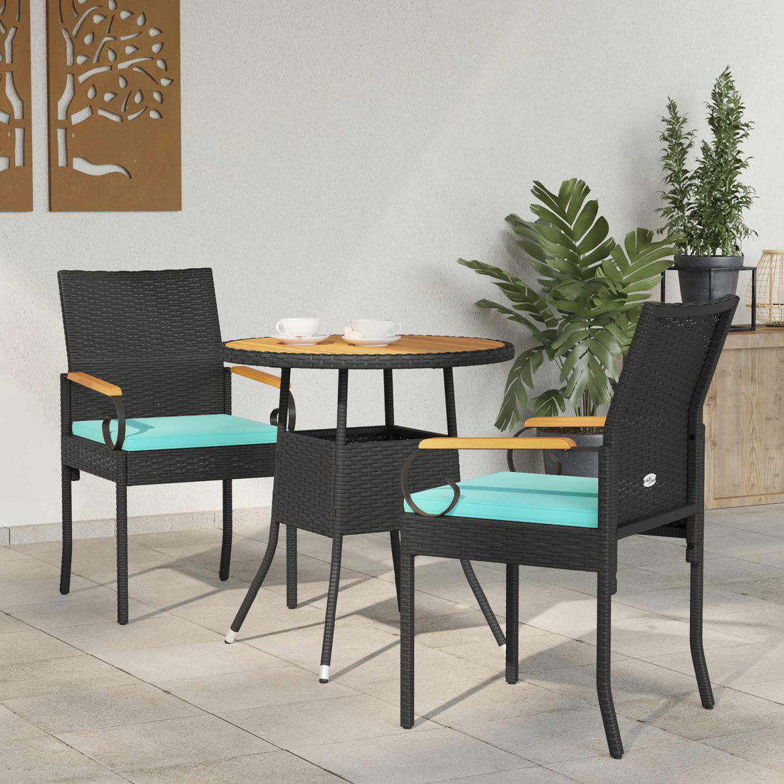 vidaXL Sillas de jardín 2 uds. Negro y Turquesa Poliratán y Acacia