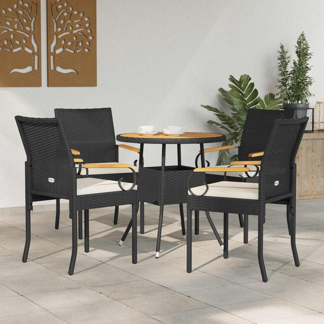 vidaXL Sillas de jardín 4 uds. Negro y Blanco Crema Poliratán y Acacia