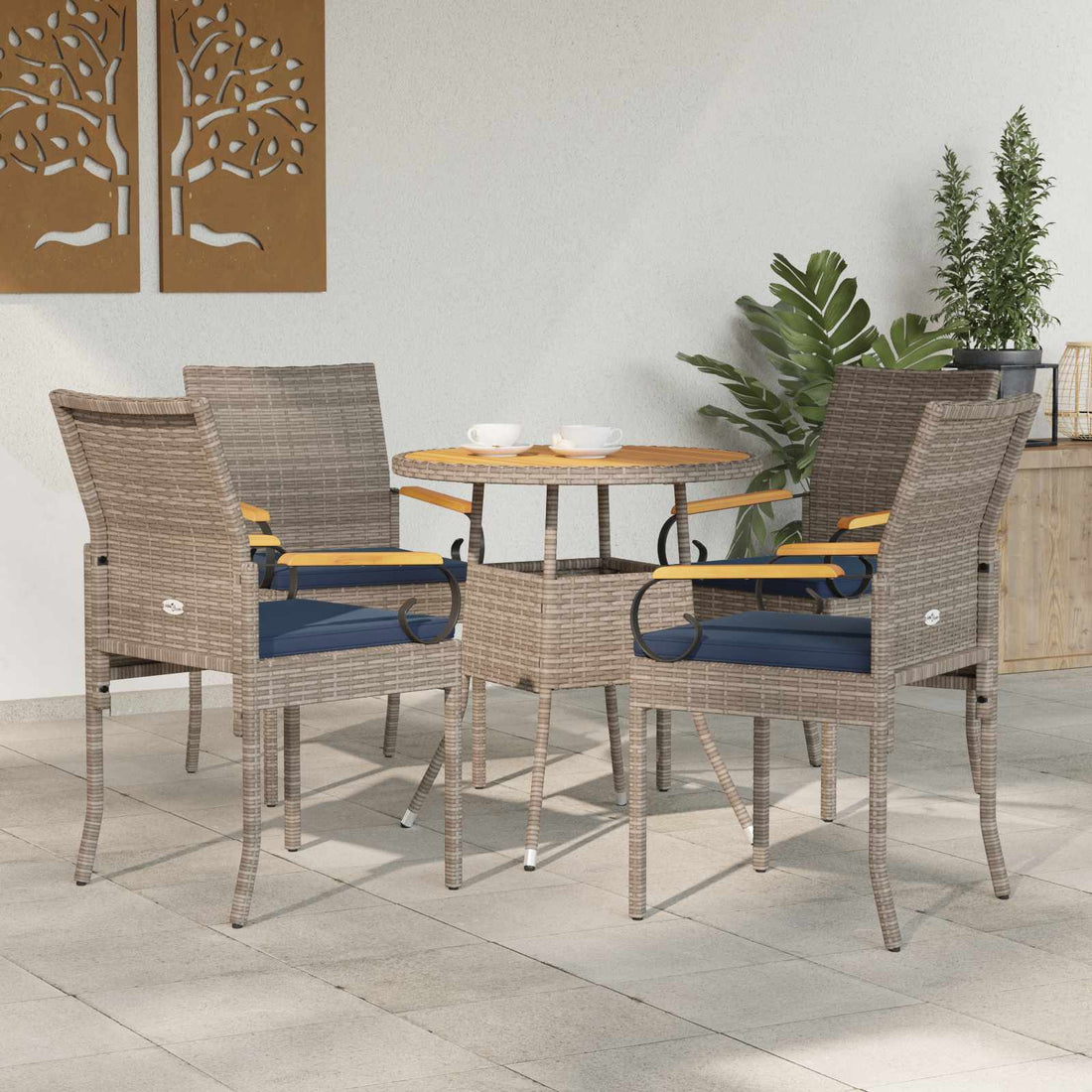vidaXL Sillas de jardín 4 uds. Gris y azul marino Poliratán y Acacia