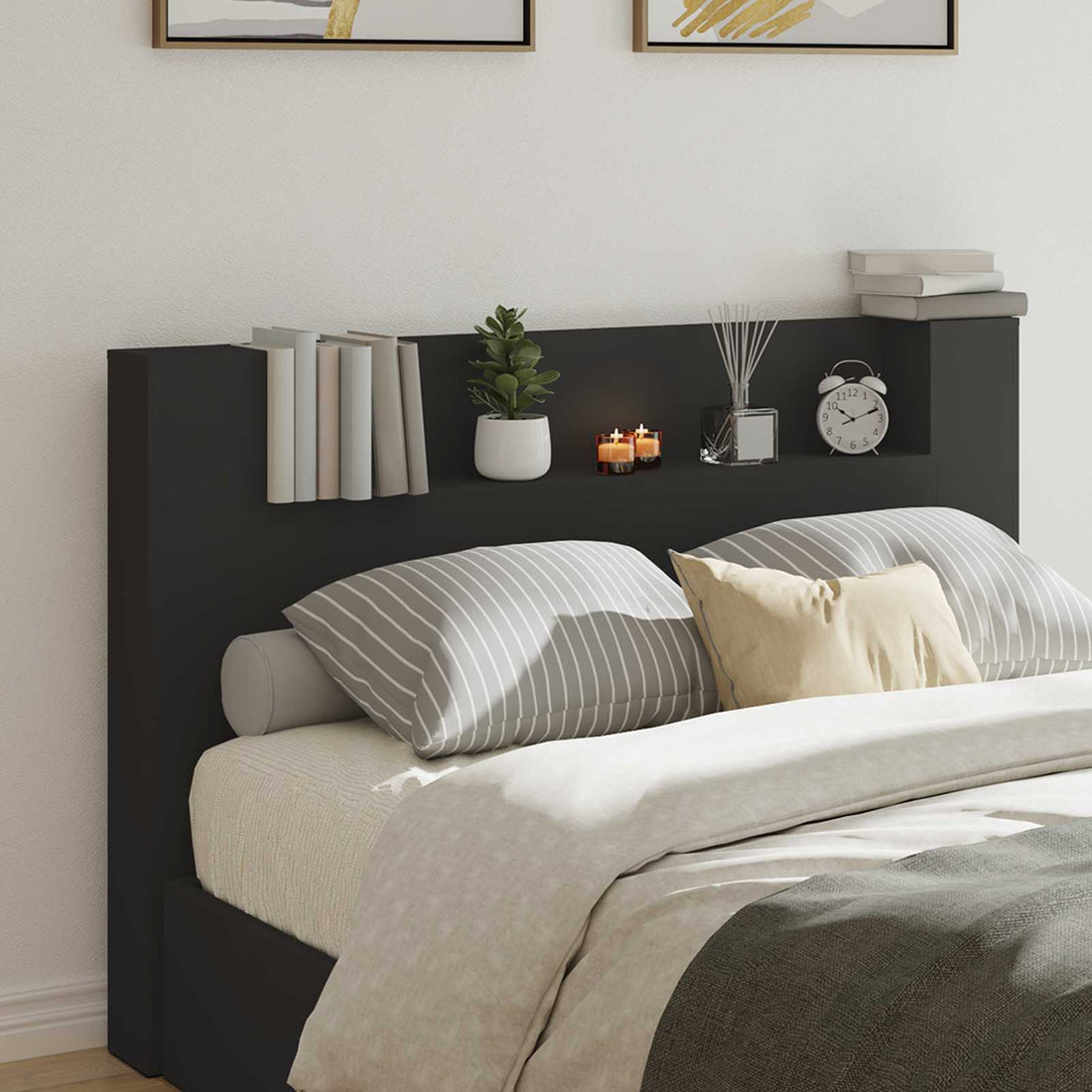 vidaXL Cabecero de almacenamiento con LED Negro Madera de ingeniería