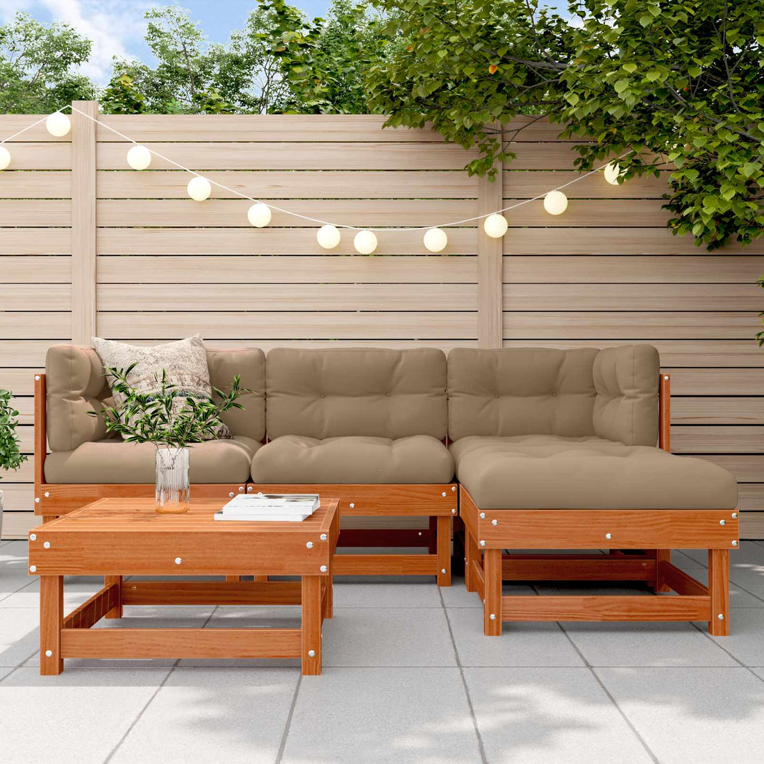 vidaXL Conjunto de Sofás de Jardín 5 uds. Marrón Cera Pino macizo
