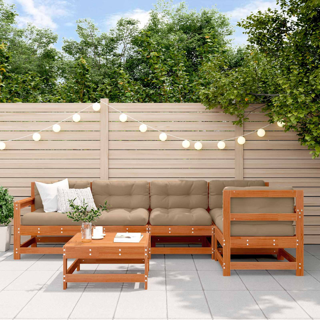 vidaXL Conjunto de Sofás de Jardín 6 uds. Marrón Cera Pino macizo