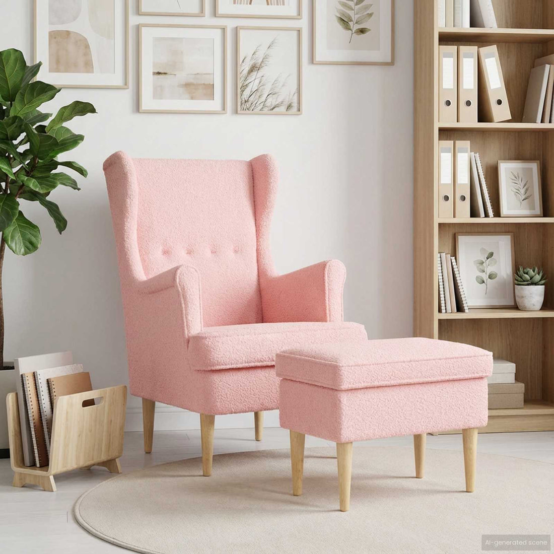 vidaXL Sillón con Pouf 2 uds. Rosa Bouclé