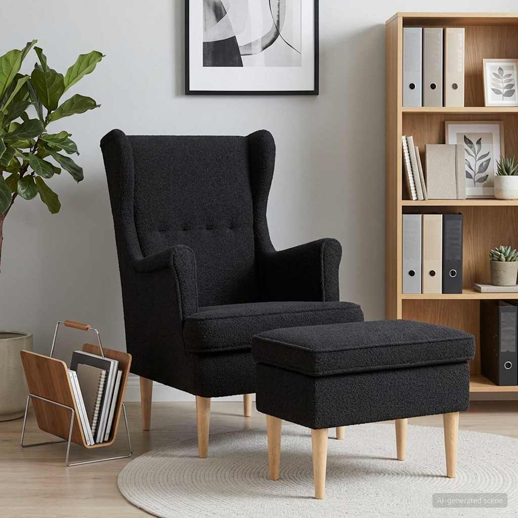 vidaXL Sillón con Pouf 2 uds. Negro Bouclé