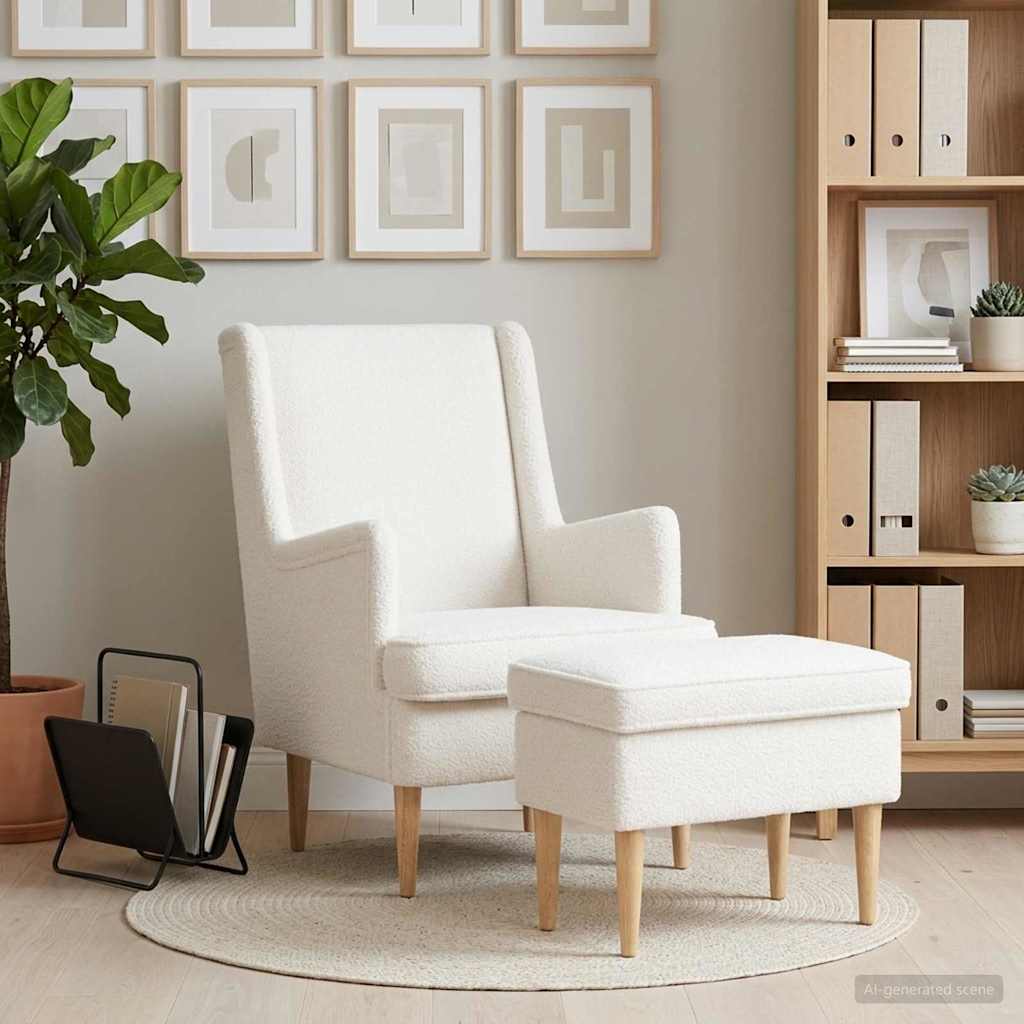 vidaXL Sillón con Pouf 2 uds. Crema Bouclé