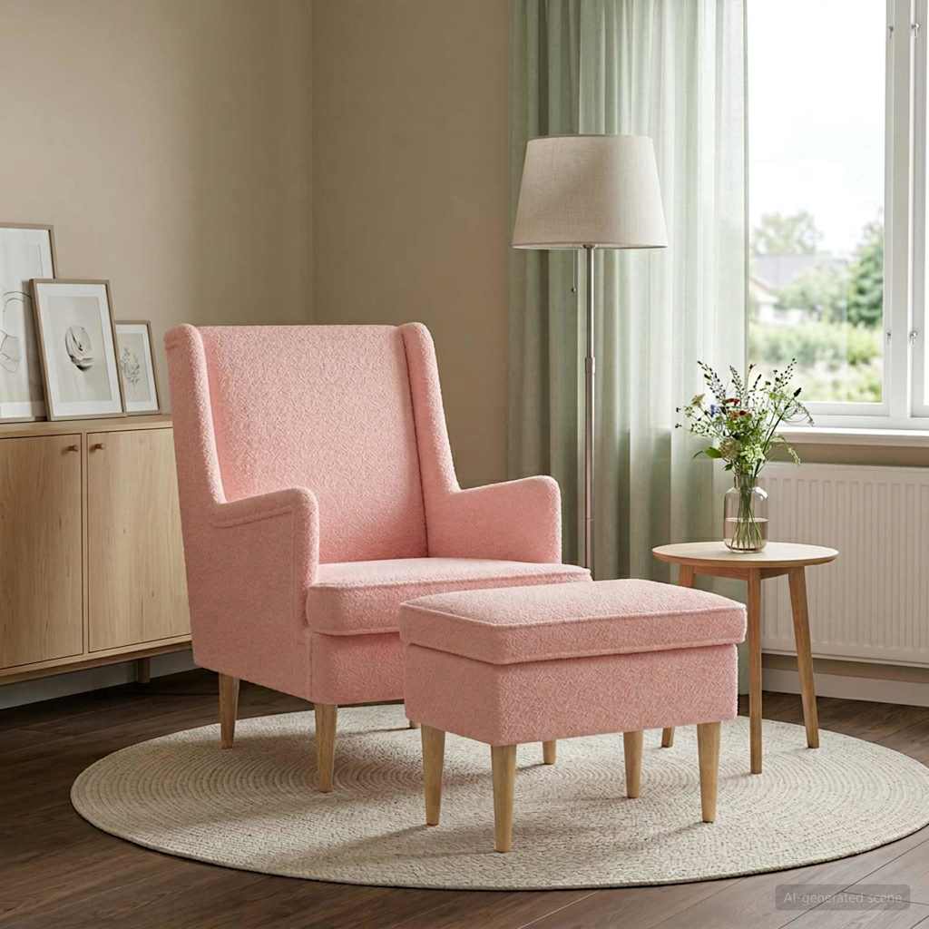 vidaXL Sillón con Pouf 2 uds. Rosa Bouclé